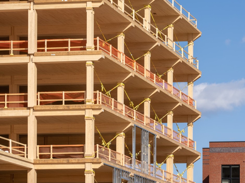 A multi story wood building frame.