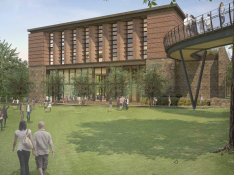 Architectural rendering of a modern building with large glass windows and a brick facade, surrounded by greenery with people walking in front and a curved elevated walkway to the left