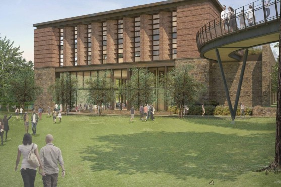 Architectural rendering of a modern building with large glass windows and a brick facade, surrounded by greenery with people walking in front and a curved elevated walkway to the left