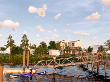 This digital rendering shows a metal platform connects a floating dock to a boardwalk. A man in a blue kayak is seen in the water next to the dock, and pedestrians stand on the boardwalk and platform. A modern building is seen in the background.