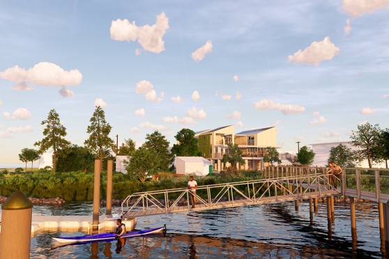 This digital rendering shows a metal platform connects a floating dock to a boardwalk. A man in a blue kayak is seen in the water next to the dock, and pedestrians stand on the boardwalk and platform. A modern building is seen in the background.