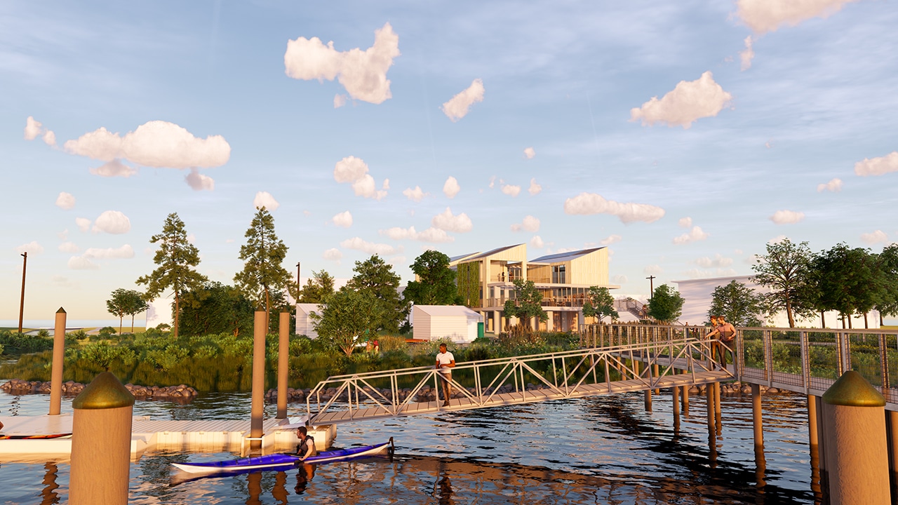This digital rendering shows a metal platform connects a floating dock to a boardwalk. A man in a blue kayak is seen in the water next to the dock, and pedestrians stand on the boardwalk and platform. A modern building is seen in the background.