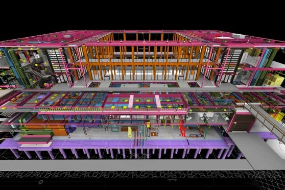 A digital model of a building. Bright colors mark beams and utilities.