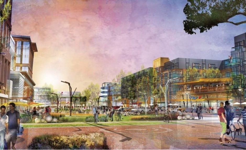 An artistic rendering of an open area in-between many modern buildings with people walking. The sky is orange, purple and blue with a watercolor affect.