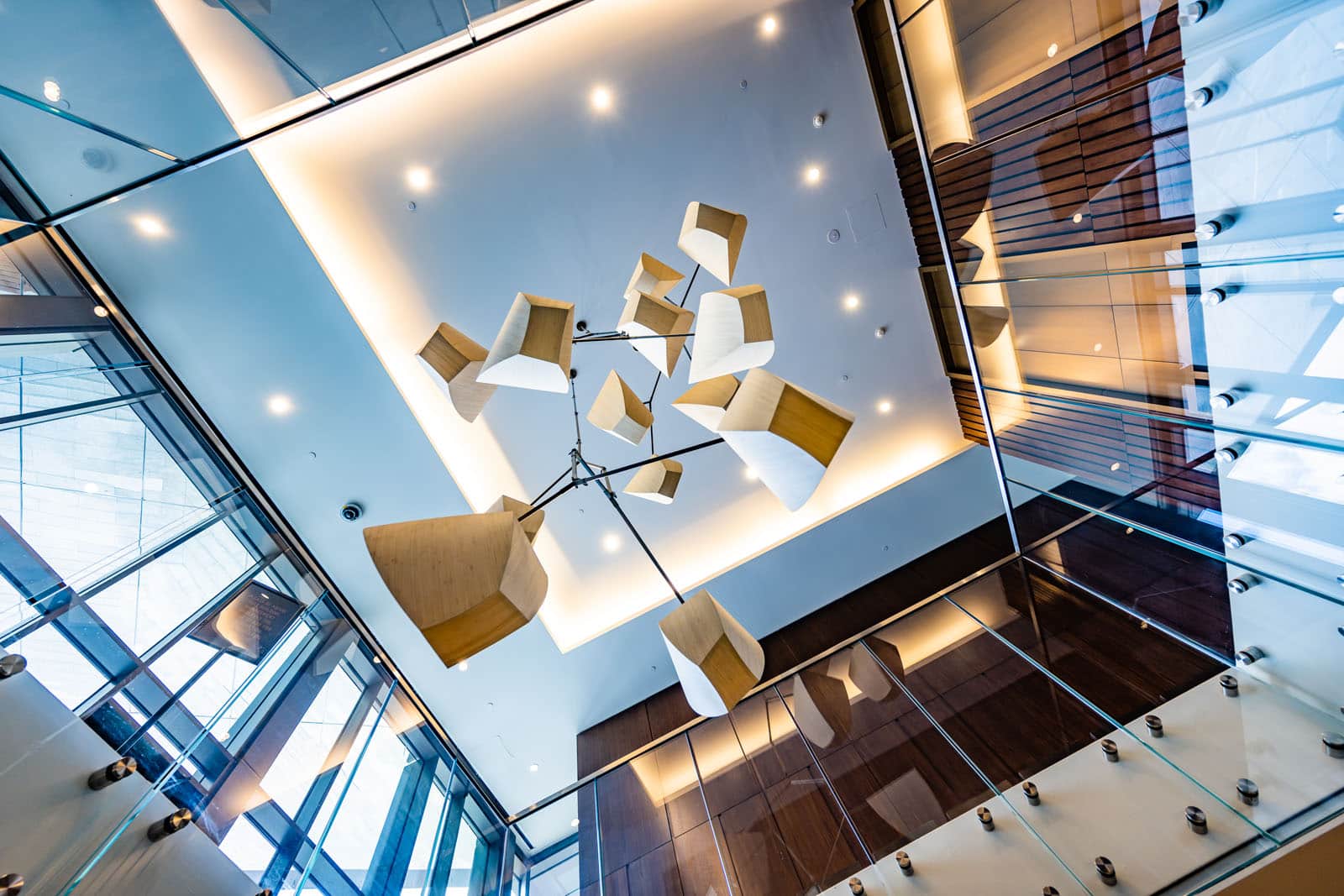 A geometric sculpture hanging from the celling.