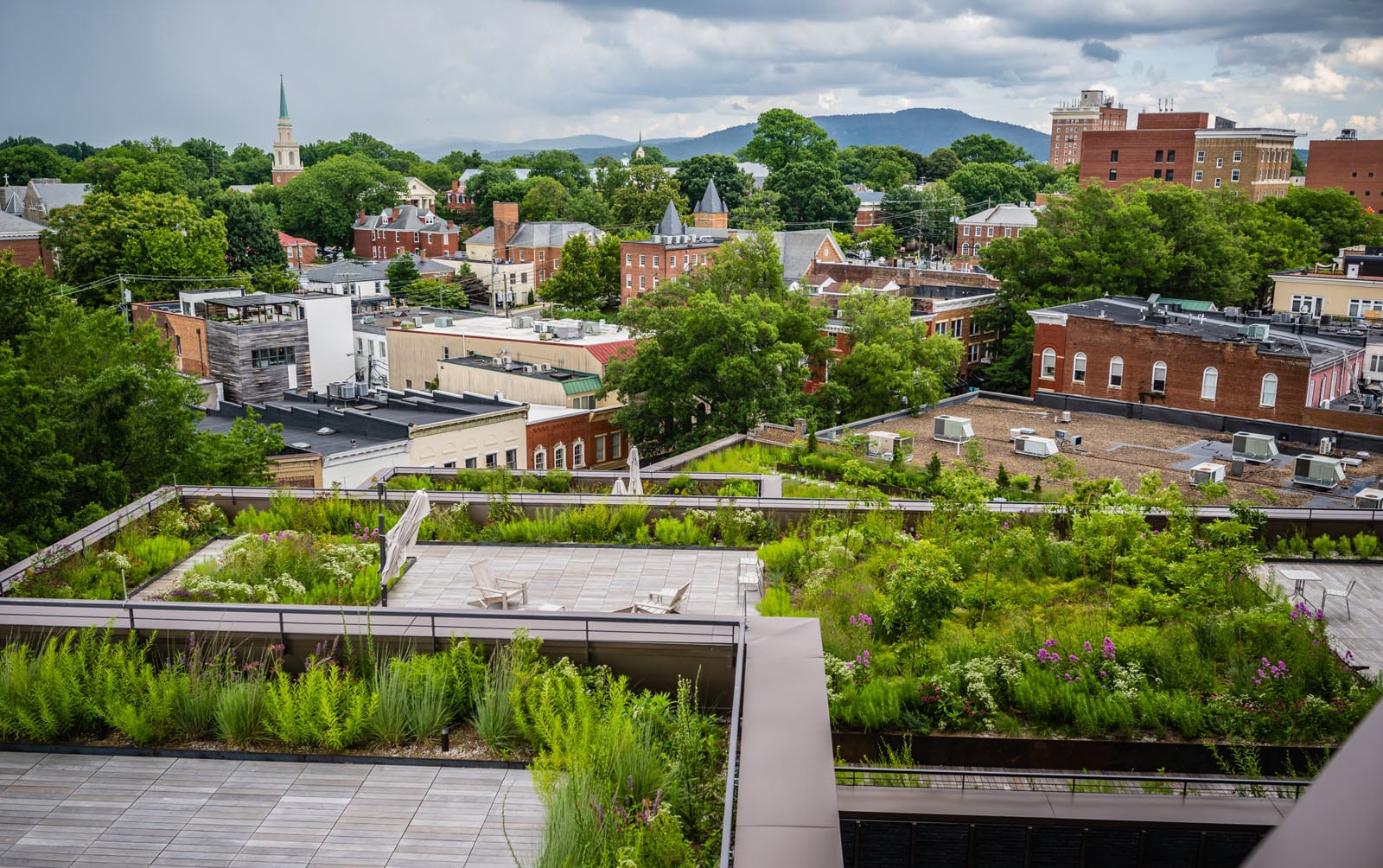 A view of a tiered rooftop garden