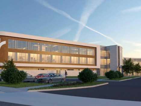 The image depicts a rendering of a of a modern building. The building has lots of windows and wood accents. The building has curved corners, a logo on the far-left section. In front of the building is a parking lot with a few cars and a sidewalk with foliage and pedestrians.