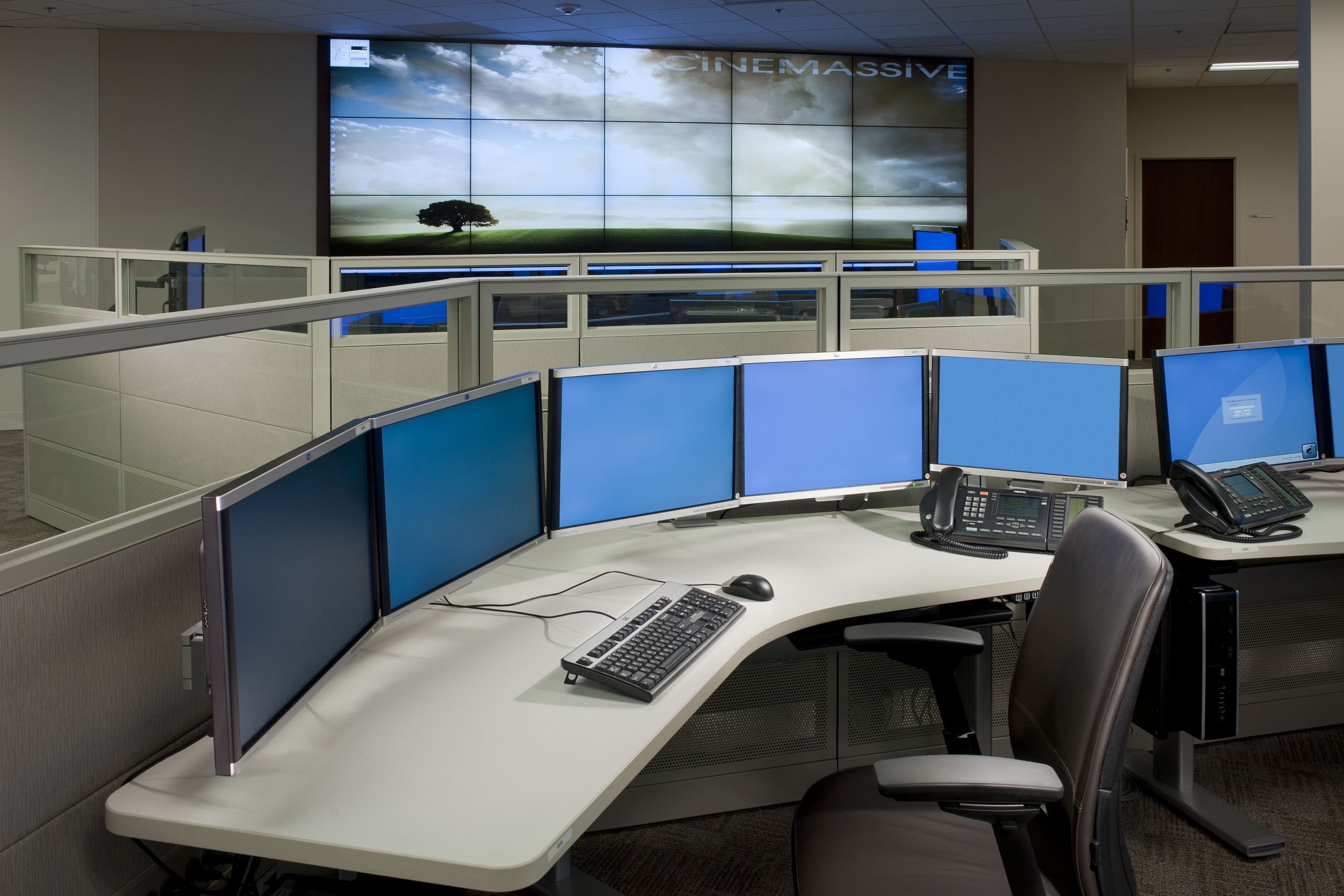Interior of office space with multiple monitors